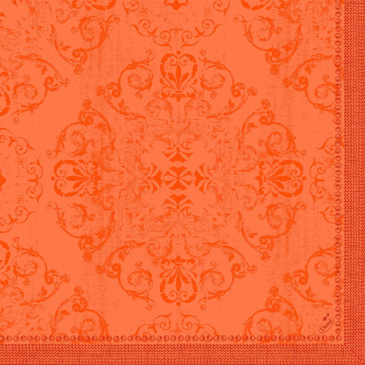 Das verschnörkelte orangefarbene Damastmuster mit Blumen- und Schneckenmotiven verleiht den Duni GmbH Dunilin-Servietten 40 x 40 cm 1/4 Falz einen strukturierten Vintage-Look - ideal als hochwertige Servietten für jeden Anlass.