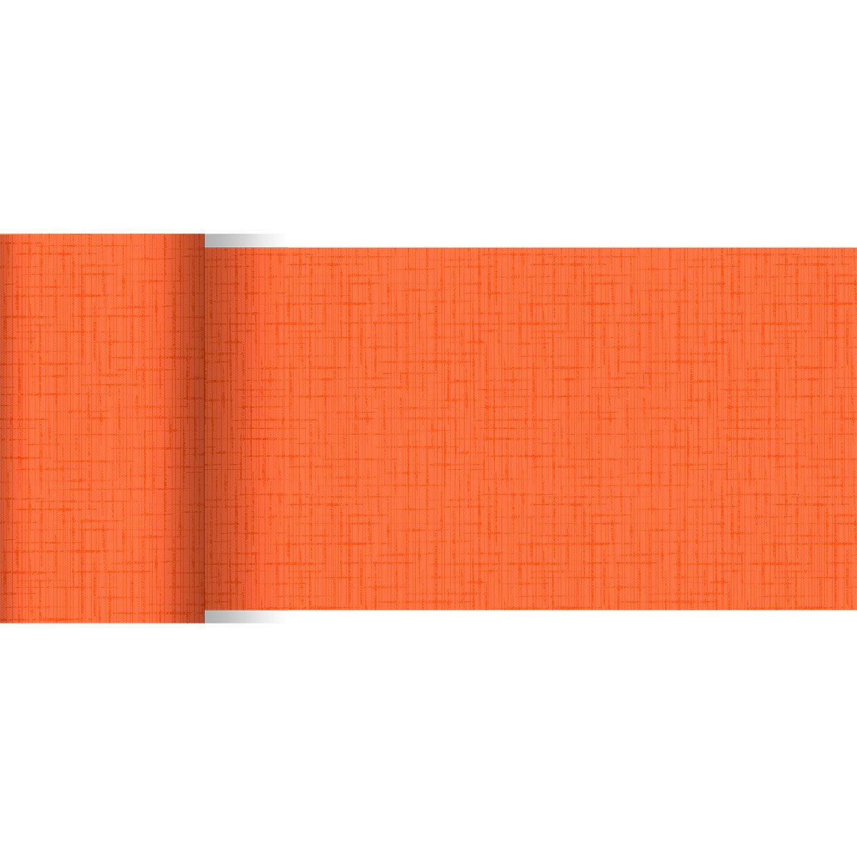 The partially unrolled orange Dunicel table runner (20 m x 15 cm) from Duni GmbH features a subtle, intersecting line pattern and is ideal for a stylish table decoration due to its bright color and design.