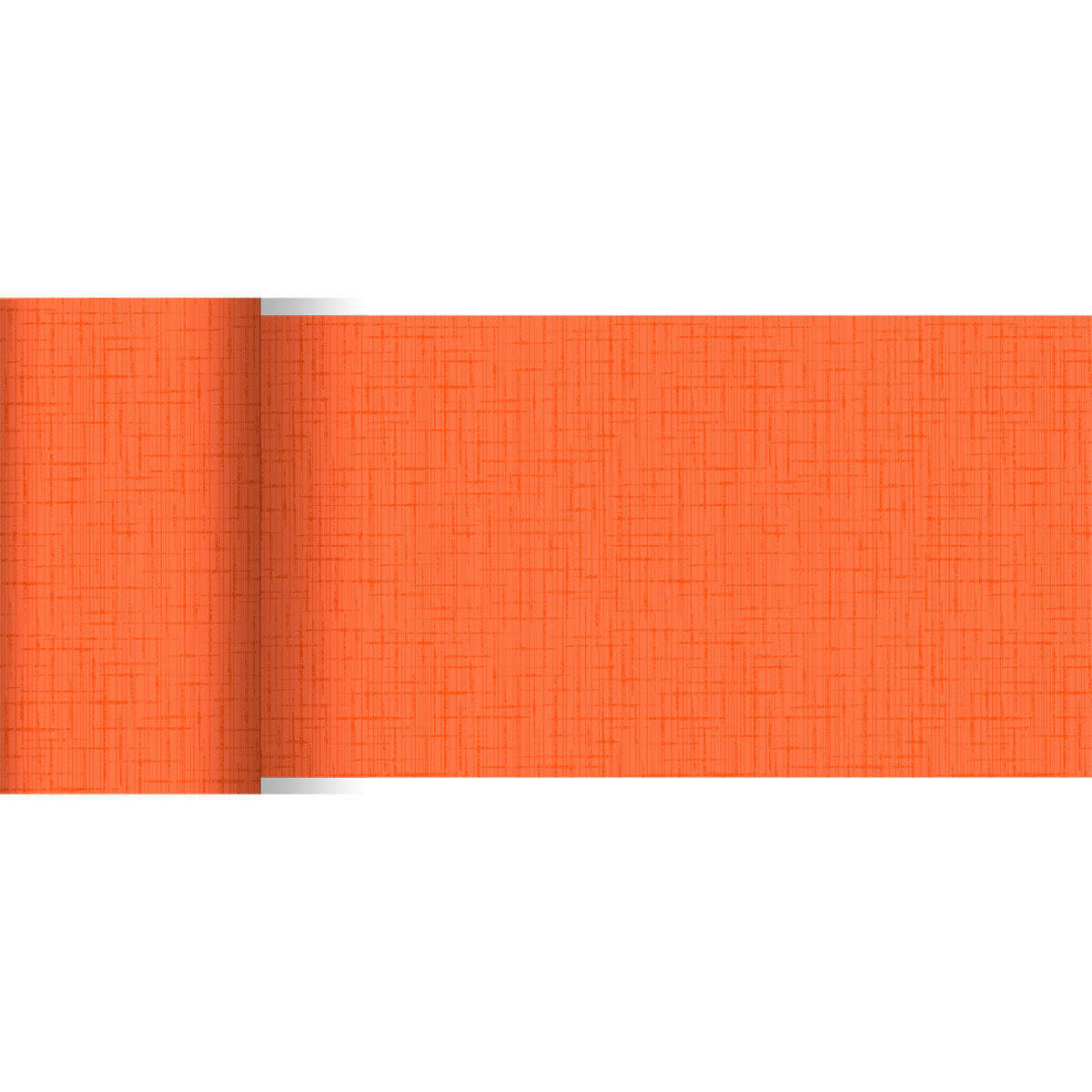 Der teilweise ausgerollte orangefarbene Dunicel-Tischläufer (20 m x 15 cm) der Duni GmbH zeichnet sich durch ein dezentes, sich kreuzendes Linienmuster aus und ist durch seine leuchtende Farbe und sein Design ideal für eine stilvolle Tischdekoration.