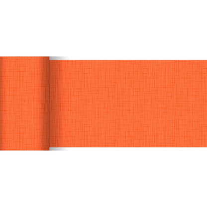 The partially unrolled orange Dunicel table runner (20 m x 15 cm) from Duni GmbH features a subtle, intersecting line pattern and is ideal for a stylish table decoration due to its bright color and design.