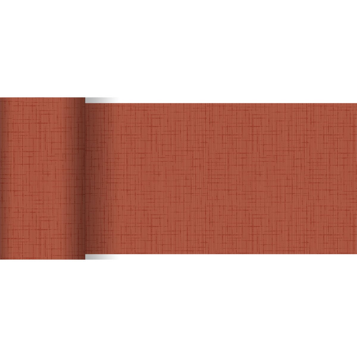 The Duni GmbH Dunicel table runner (20 m x 15 cm) displays a textured crosshatch pattern in muted rust or terracotta, partially unrolled against a white background - ideal as table decoration.