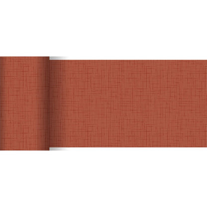 The Duni GmbH Dunicel table runner (20 m x 15 cm) displays a textured crosshatch pattern in muted rust or terracotta, partially unrolled against a white background - ideal as table decoration.