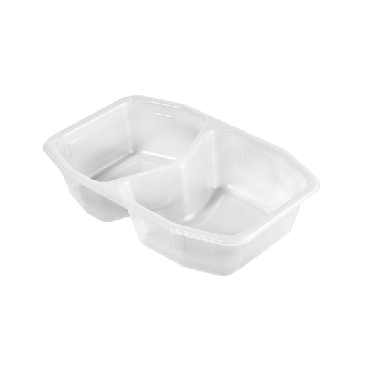 Die PP-Schale HMR 2 Transparent PP 215x148x50 der Duni GmbH ist ein durchsichtiger Lebensmittelbehälter mit zwei Fächern, leer auf weißem Hintergrund dargestellt. Erhältlich in Packungen mit 312 Stück.