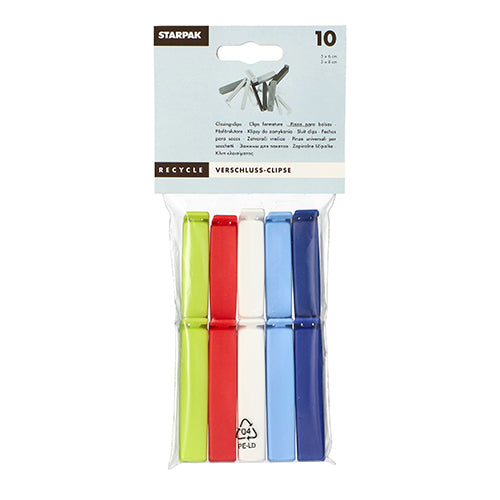 A pack of 10 colorful Starpak closure clips made of PP, sorted in red, green, light blue, and dark blue, is delivered in a clear bag with recycling symbols and product information on the label.