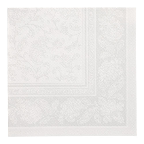 Top view of a white PAPSTAR 20 Napkins "ROYAL Collection" 1/4-fold napkin (40x40 cm) by PAPSTAR GmbH with embossed floral and paisley border on a white background.