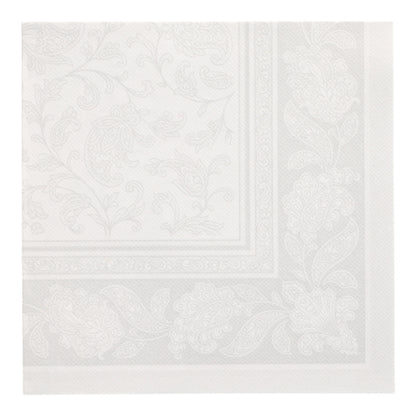 Top view of a white PAPSTAR 20 Napkins "ROYAL Collection" 1/4-fold napkin (40x40 cm) by PAPSTAR GmbH with embossed floral and paisley border on a white background.