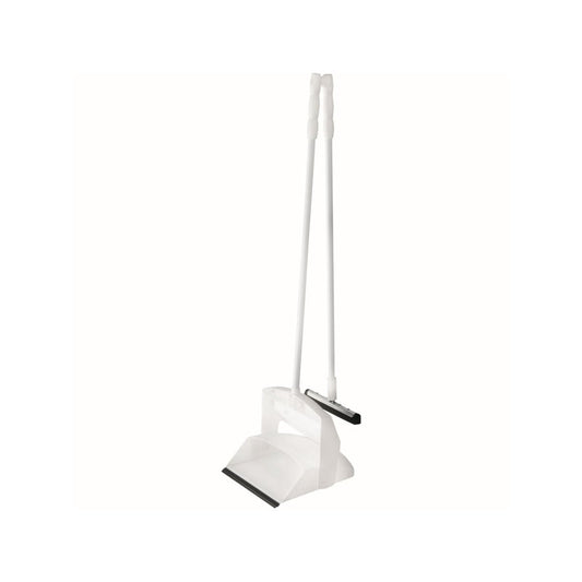 Die FUTURA Kehrgarnitur mit langem Stiel, Gummiwischer, Höhe 1000mm von Haug Bürsten KG verfügt über eine flachkantige Kehrschaufel und einen Besen mit schwarzen Borsten für ergonomisches, bequemes Reinigen im Stehen.
