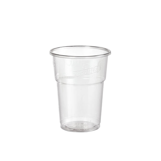 Der Glas, PLA, Füllstrich Transparent PLA Becher der Duni GmbH ist ein klarer Kunststoffbecher mit glatter, glasartiger Oberfläche und leicht ausgestelltem Rand, der leer auf weißem Hintergrund abgebildet ist.