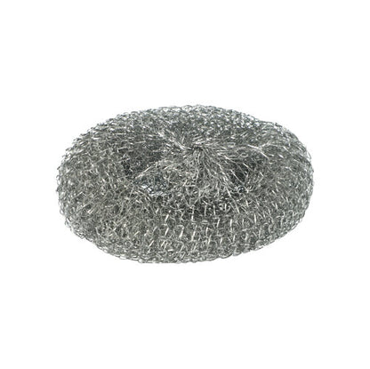 The Starpak 10 pot cleaner is a round, silver, scratchy wire scrubber that is ideal for cleaning stubborn stains on cookware and surfaces.