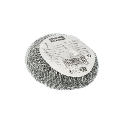 A round Starpak pot cleaner wire pack (Ø 10 cm x 3 cm) is packaged in transparent plastic and carries a white label with details and barcode. Ideal for thorough cleaning of cookware. Presented on a simple, white background.