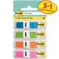 Pictured are four packs of 3M Post-it® Index Tabs, Mini (translucent colors: blue, green, orange, pink) with "3 Dispensers + 1 Free" each containing 35 tabs (11.9 mm x 43.2 mm) in plastic holders.