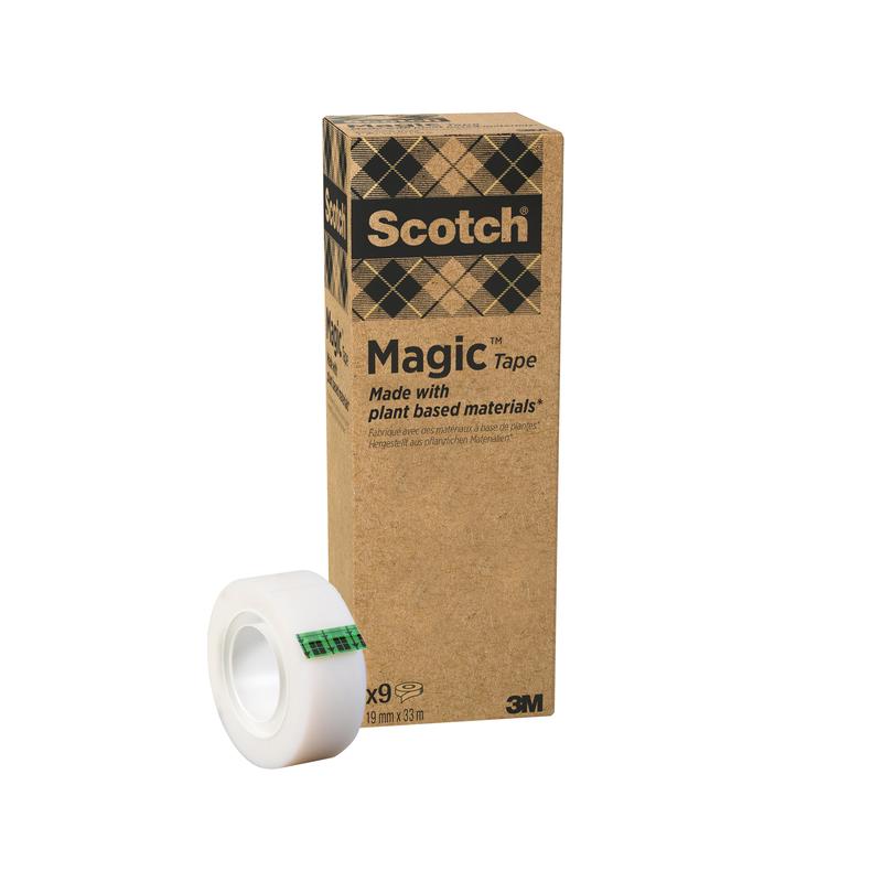 A roll of Scotch® Magic™ Tape by 3M Deutschland GmbH (19 mm x 33 m, 9 rolls/pack), made with 66% plant-based adhesive, is a reliable office supply essential.