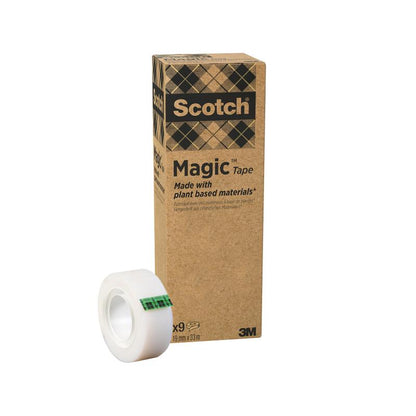 A roll of Scotch® Magic™ Tape by 3M Deutschland GmbH (19 mm x 33 m, 9 rolls/pack), made with 66% plant-based adhesive, is a reliable office supply essential.