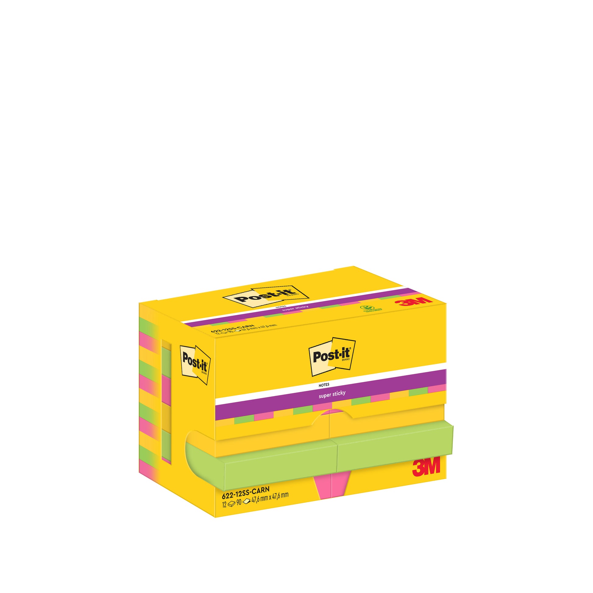 Eine gelbe Schachtel mit Post-it® Super Sticky Notes (47,6 mm x 47,6 mm, 90 Blatt/Block, 100% PEFC) der 3M Deutschland GmbH zeigt horizontal gestapelte Blöcke mit sichtbarem Branding und Produktdetails.