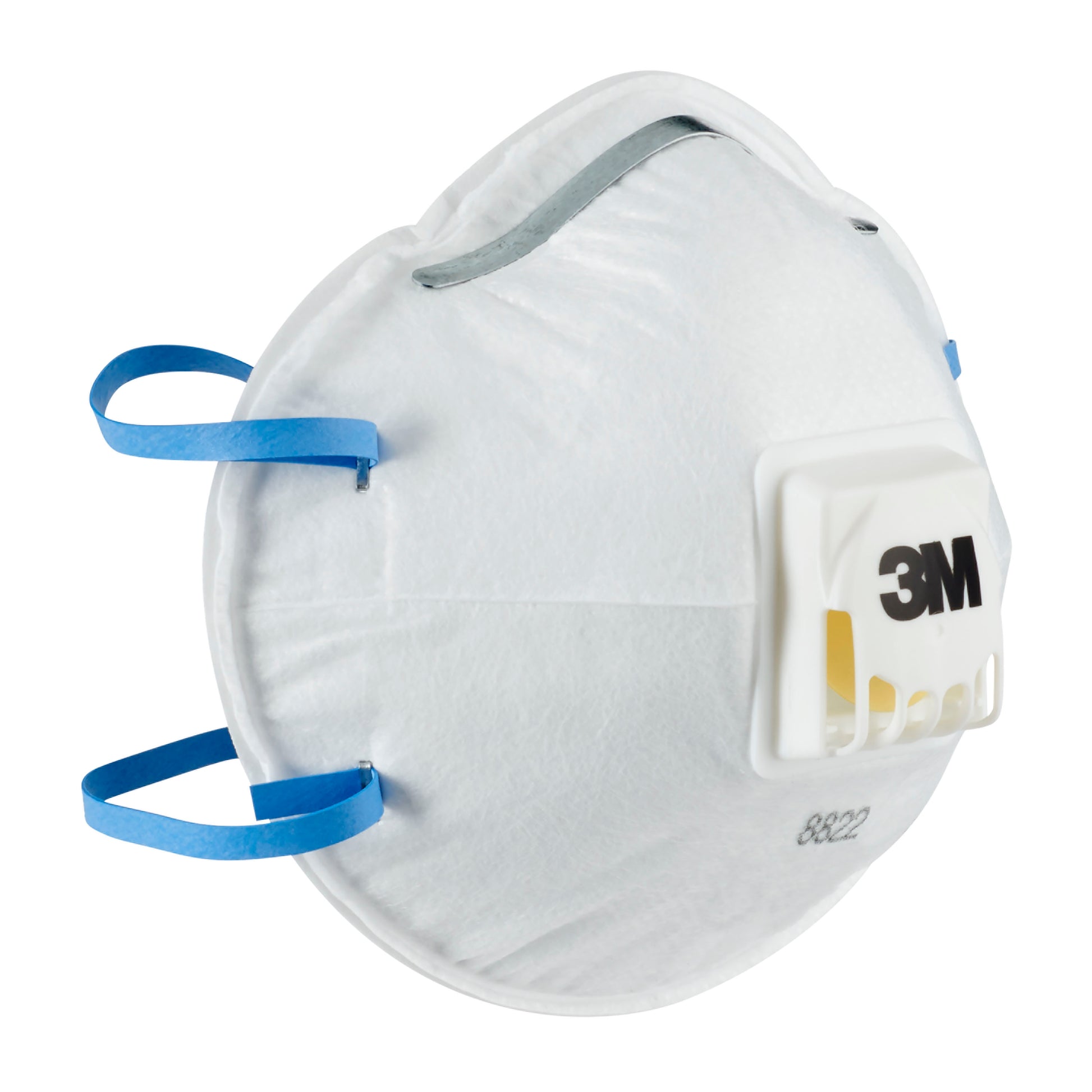 Die 3M™ Cool Flow™ Partikelmaske 8822, FFP2, mit Ventil von 3M Deutschland GmbH ist eine weiße Atemschutzmaske mit blauen elastischen Bändern und einem Ausatemventil, das schräg gezeigt wird und die Vorderseite und die Seite hervorhebt.
