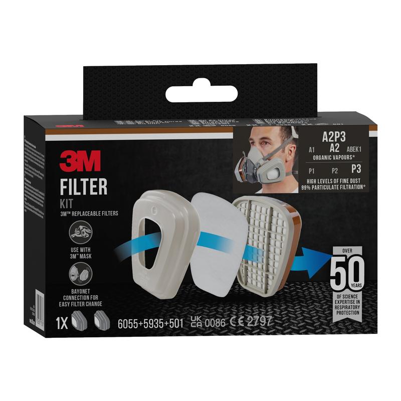 The 3M™ Filter Set 6003-1 package (A2P3, 2x6055, 2x5935, 2x501) from 3M Deutschland GmbH contains filters for organic vapors and particles, is compatible with 3M masks, and provides product information as well as lifespan.