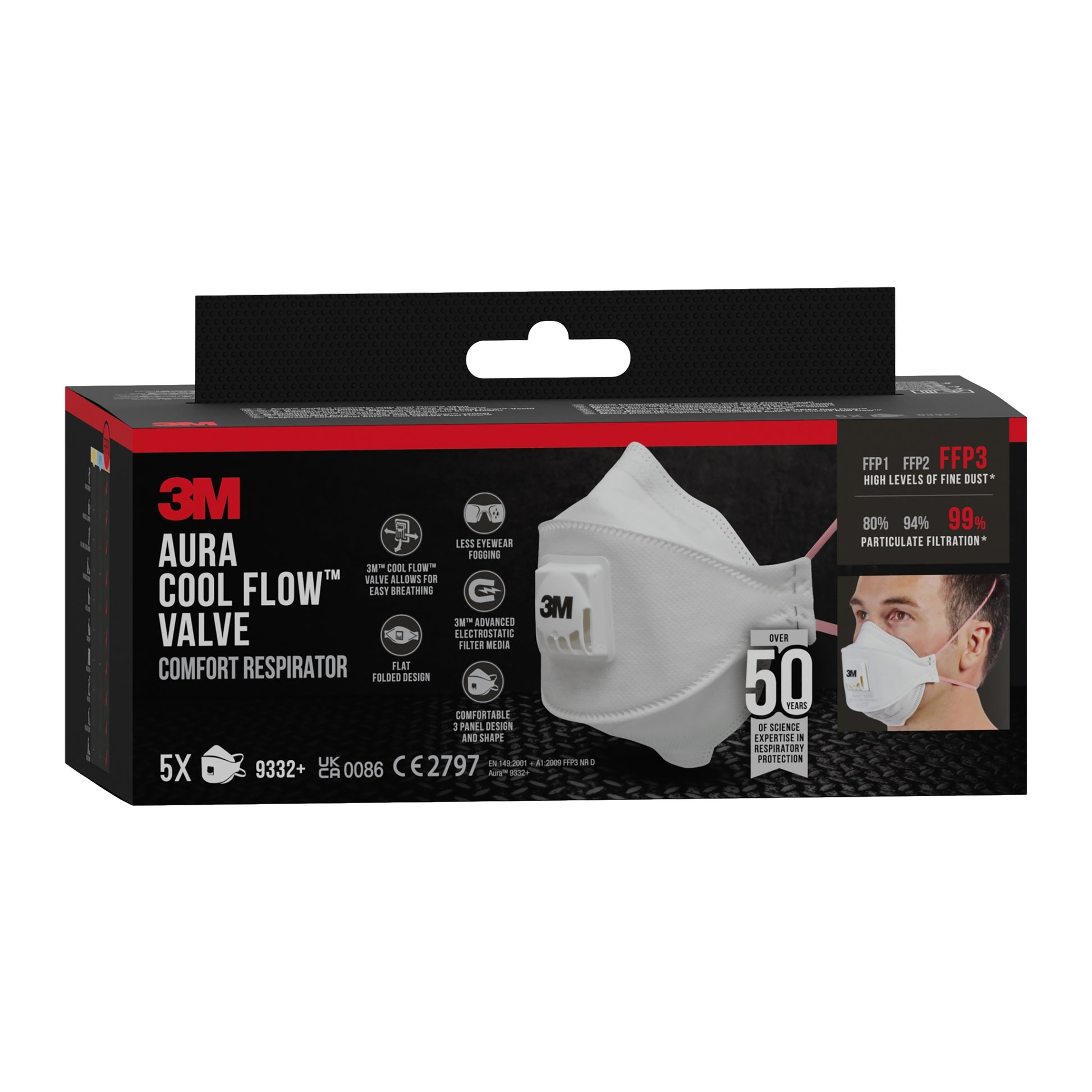 Eine schwarze Schachtel der 3M™ Aura™ Comfort Cool Flow™ Partikelmaske 9332+ (FFP3, mit Ventil) von 3M Deutschland GmbH mit einer Abbildung der weißen Maske, den wichtigsten Merkmalen, der FFP3-Einstufung und Informationen zu einem 5er-Pack Atemschutzmasken.
