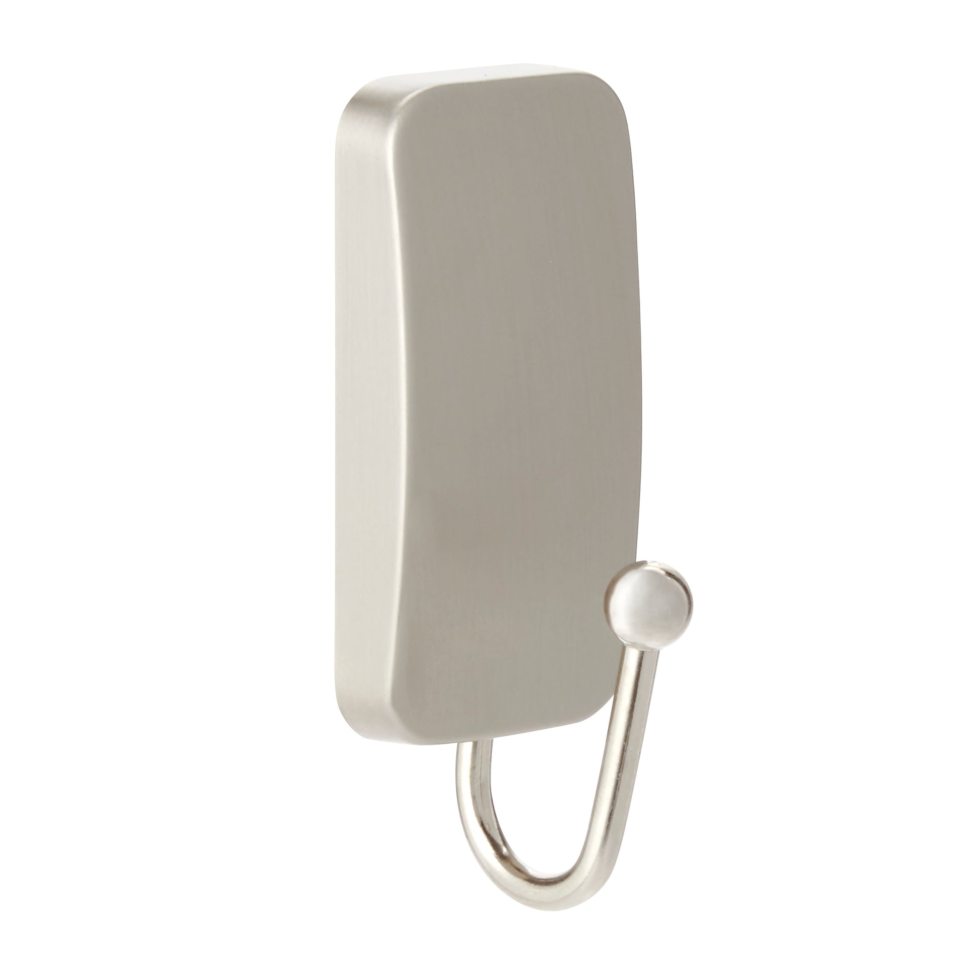 Der Command™ Metall-Haken Bad, schmal, Satin Nickel von 3M Deutschland GmbH ist ein einzelner Wandhaken mit rechteckiger Basis und gebogenem Haken, abgebildet vor weißem Hintergrund. Die Packung enthält 1 Haken und 25 Streifen.