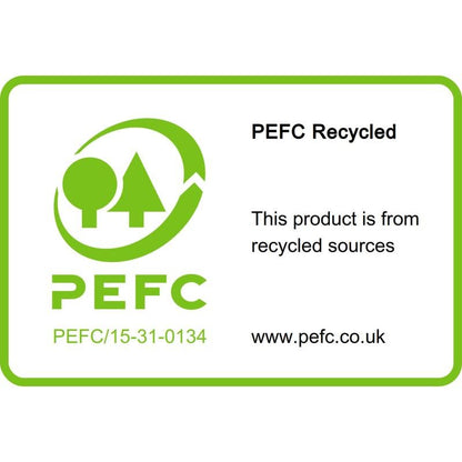 A rectangular, green-bordered label with the PEFC logo, "PEFC Recycled", the code "SGSCH-PEFC-COC-110078" and www.pefc.co.uk certifies that the Post-it® Super Sticky 100% Recycled Notes from 3M Deutschland GmbH are made from recycled sources.