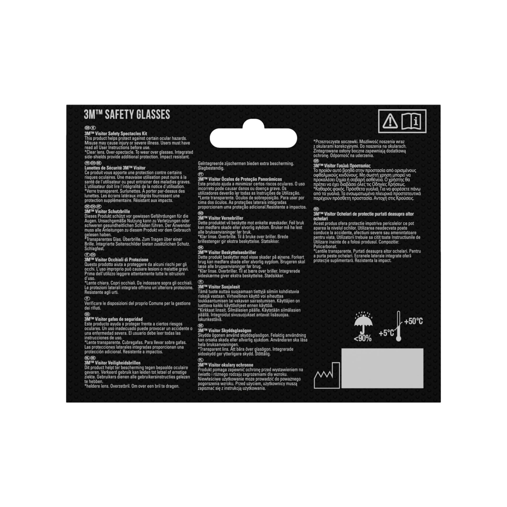 Rückseite einer 3M™ Visitor Überbrille, Klarsichtscheibe (1 Stück) Packung von 3M Deutschland GmbH zeigt Sicherheitshinweise und Anweisungen in mehreren Sprachen mit Symbolen für Temperatur, Recycling und Handhabung; weiße Schrift auf schwarzem Hintergrund.