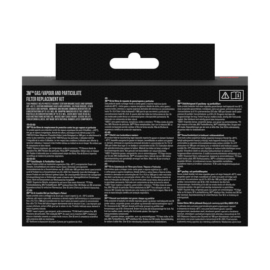 Rückseite eines Kartons der 3M™ Atemschutzmaske 6003KIT-1 von 3M Deutschland GmbH mit mehrsprachigen Anweisungen, Warnhinweisen und Produktinformationen in weißer Schrift auf schwarzem Grund für das A2P3-Filterkit (1x6200, 2x6055, 2x5935, 2x501).