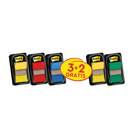 Abgebildet sind fünf Packungen Post-it® Index Haftstreifen der 3M Deutschland GmbH in verschiedenen Farben (25,4x43,2mm), die in der Mitte einen runden Aufkleber "3 Spender + 2 Gratis" tragen. Jede Packung enthält 50 Streifen/Spender.