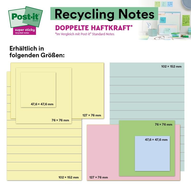 A graphic shows 3M Post-it® Super Sticky 100% Recycled Notes (102 x 152 mm, lined, various colors, 45 sheets/pad, 4 pads/pack, PEFC-certified) in use. Top left: Post-it logo. Text in German.