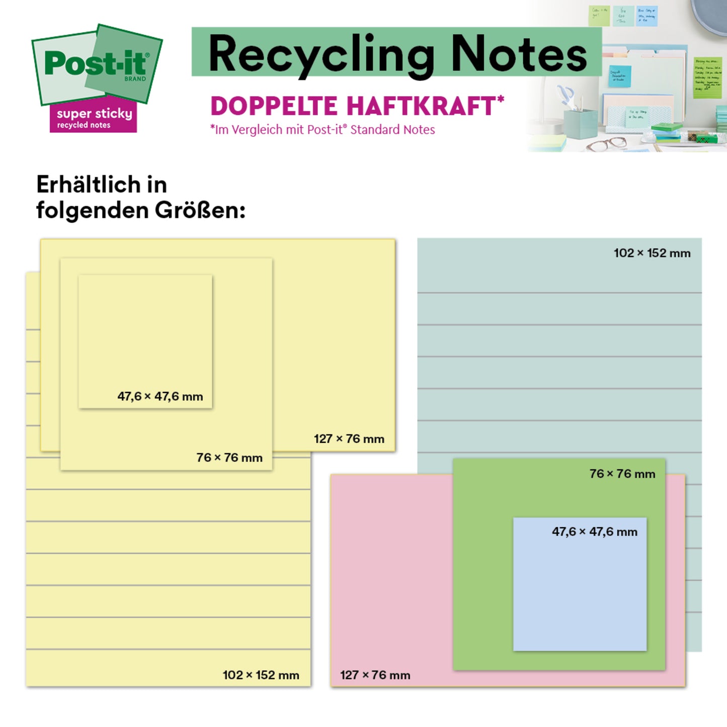 A graphic shows 3M Post-it® Super Sticky 100% Recycled Notes, Yellow, lined, 102 x 152 mm, 45 sheets per block, 4 blocks per pack, PEFC certified (SGSCH-PEFC-COC-110078) from 3M Deutschland GmbH.