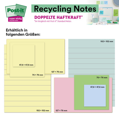 A graphic shows 3M Post-it® Super Sticky 100% Recycled Notes, Yellow, lined, 102 x 152 mm, 45 sheets per block, 4 blocks per pack, PEFC certified (SGSCH-PEFC-COC-110078) from 3M Deutschland GmbH.