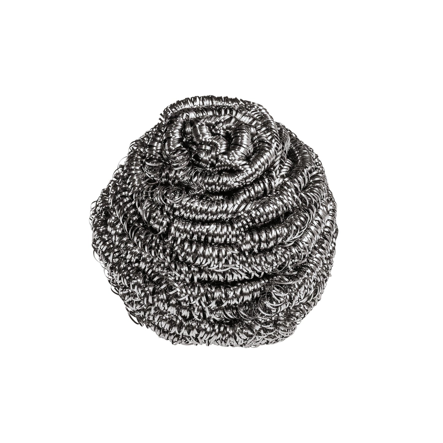 Die Scotch-Brite® Edelstahl-Spirale von 3M Deutschland GmbH (3 Stück pro Packung) aus silbernem Edelstahl mit gewundener Struktur eignet sich ideal für die Küchenreinigung und entfernt hartnäckige Verschmutzungen. Abgebildet vor weißem Hintergrund.