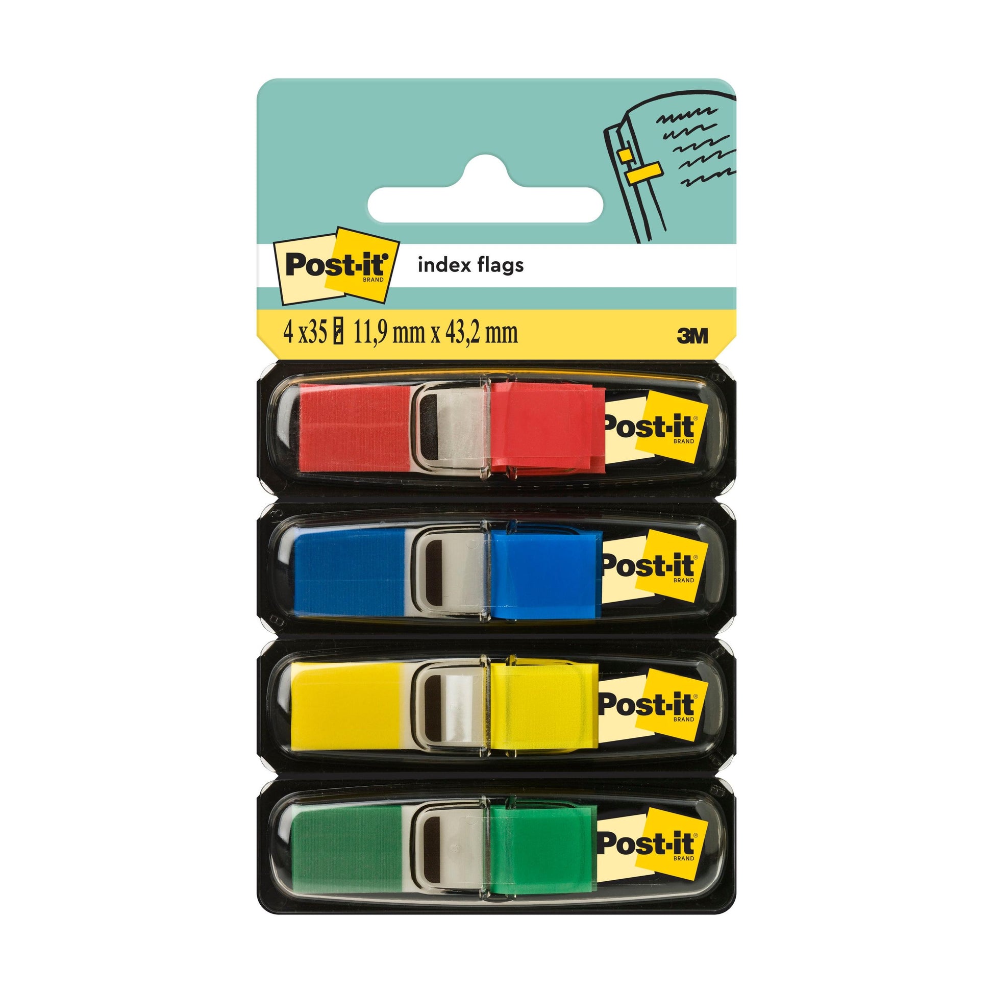 Eine Packung Post-it® Index Haftstreifen Mini der 3M Deutschland GmbH enthält vier Spender (rot, blau, gelb, grün) mit je 35 Fähnchen (11,9 mm x 43,2 mm), wie auf dem Etikett mit dem sichtbaren 3M Logo abgebildet.