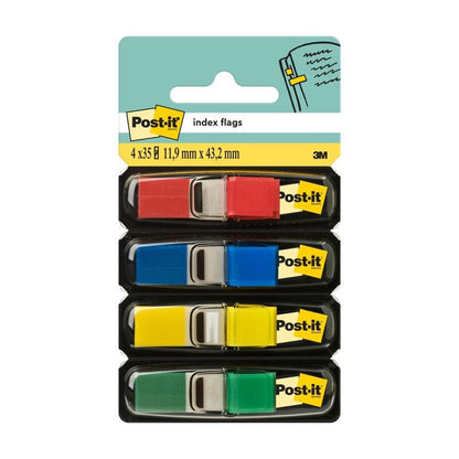 A pack of Post-it® Index Tabs Mini from 3M Deutschland GmbH contains four dispensers (red, blue, yellow, green) with 35 flags each (11.9 mm x 43.2 mm), as depicted on the label with the visible 3M logo.