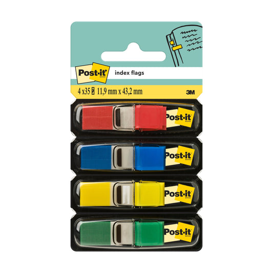 Eine Packung Post-it® Index Haftstreifen Mini der 3M Deutschland GmbH enthält vier Spender (rot, blau, gelb, grün) mit je 35 Fähnchen (11,9 mm x 43,2 mm), wie auf dem Etikett mit dem sichtbaren 3M Logo abgebildet.