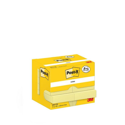 Closed yellow box with Post-it® Notes (38 x 51 mm) from 3M, promotional pack with 8 pads plus 4 free (8+4 Free). "Post-it" lettering and "8+4 FREE PADS" label at the top right; notes visible through a cutout.