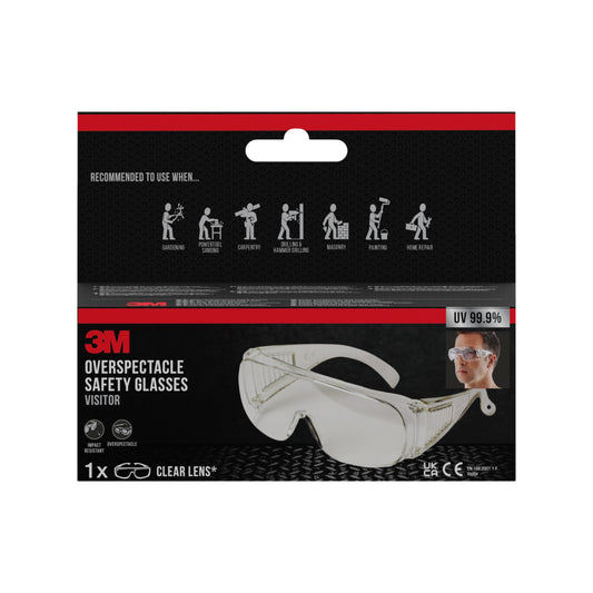 Eine Packung 3M™ Visitor Überbrille, Klarsichtscheibe (1 Stück) von 3M Deutschland GmbH. Die Verpackung hebt die empfohlenen Verwendungszwecke hervor - Garten, Labor, Malerei, Holzbearbeitung - und weist auf den 99,9 %igen UV-Schutz mit klaren Gläsern hin.
