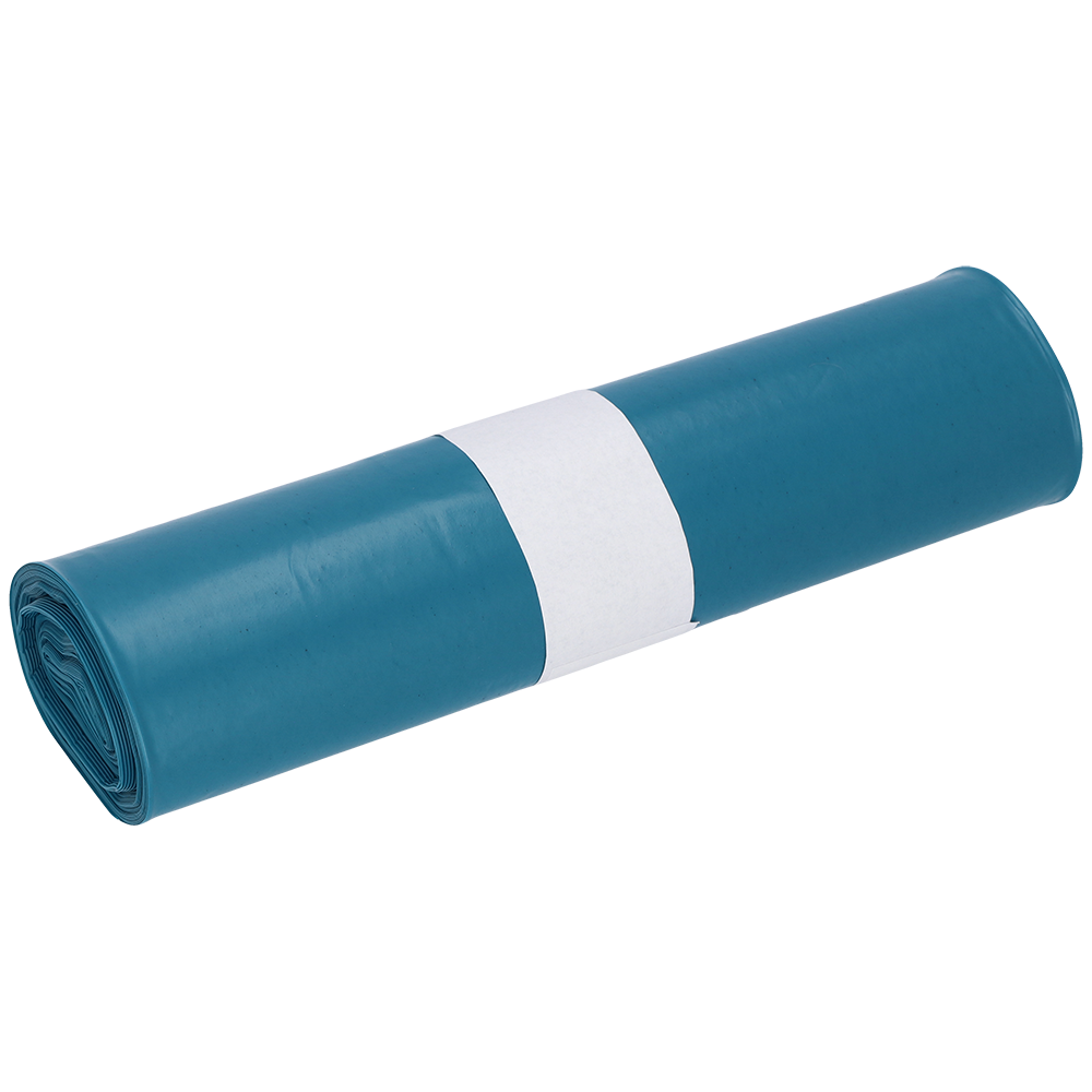 Eine aufgerollte blaue DEISS 20025 (480x650 mm Typ 70) Beutelrolle der EMIL DEISS KG, mit einem weißen Papierband in der Mitte, abgebildet auf einem schlichten weißen Hintergrund. Die Rolle enthält 25 Säcke.