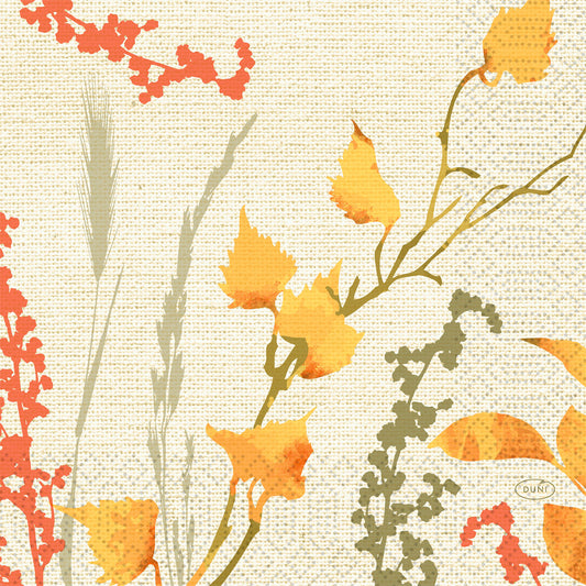 Botanische Illustration mit orangen, gelben und grünen Pflanzen auf einem beigen leinwandartigen Hintergrund. Ideal als Servietten 33x33 3-lagig 1/4 Fall Beauty (50 Stück) von Duni GmbH für elegante Tischdekoration. Der Schriftzug "Duni" befindet sich in der unteren rechten Ecke.