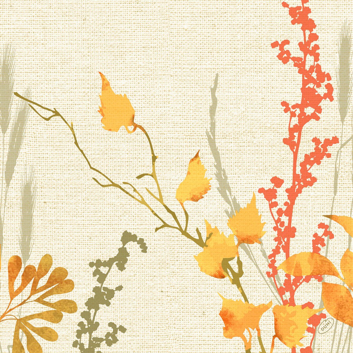 The 40x40 4-ply Classic Fall Beauty napkins from Duni GmbH feature a watercolor botanical design with yellow, red, and green leaves on a textured beige background for an elegant look. Each pack contains 50 high-quality napkins.