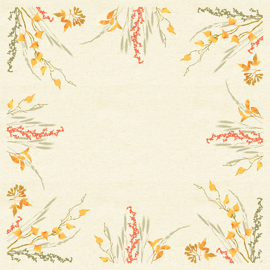 Die Dunicel-Mitteldecke 84x84cm Fall Beauty von Duni GmbH ist eine quadratische beige Tischdecke mit gelb-orangefarbenen Blättern, roten Beeren und grün-grauem Gras im Aquarell-Stil an den Rändern und Ecken; die Mitte bleibt frei.