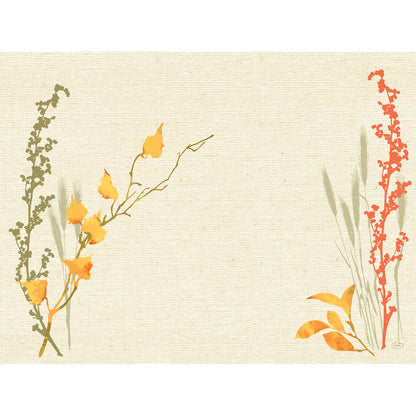 Ein beige strukturierter Hintergrund mit einfacher botanischer Kunst - gelbe und grüne Stängel links, rote Stängel rechts - lässt die Mitte leer. Ideales Motiv für Dunicel-Sets 30x40 der Duni GmbH.