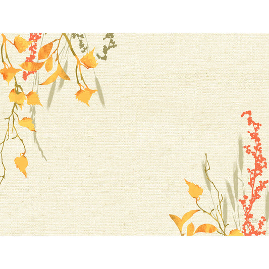 Papier-Tischsets 30x40cm Fall Beauty von Duni GmbH: Texturierter beiger Hintergrund, orange-gelbe Herbstblätter, grüne Stiele und rote Beeren in den Ecken-perfekt für herbstliche Tischdekoration. Packung mit 250 Stück.