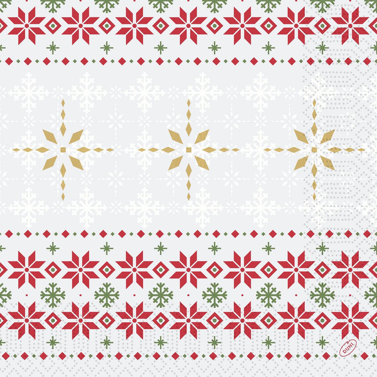 The 40x40, 3-ply "1/4 Tradition" napkins from Duni GmbH feature festive red, green, and gold snowflake and star patterns arranged in rows on a white background—perfect for Christmas decorations. Each pack contains 250 napkins.