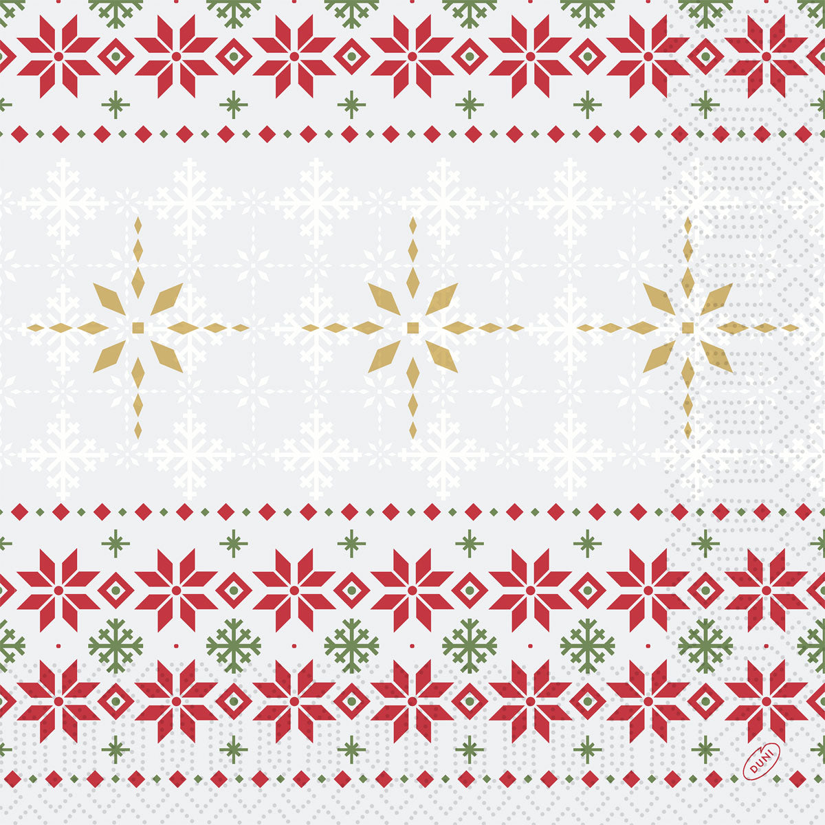 Die Servietten 40x40 3lagig 1/4 Tradition von Duni GmbH zeigen festliche rote, grüne und goldene Schneeflocken- und Sternmuster in Reihen auf Weiß - ideal für die Weihnachtsdekoration. Jede Packung enthält 250 Servietten.