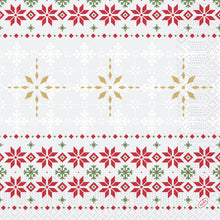Die Servietten 40x40 3lagig 1/4 Tradition von Duni GmbH zeigen festliche rote, grüne und goldene Schneeflocken- und Sternmuster in Reihen auf Weiß - ideal für die Weihnachtsdekoration. Jede Packung enthält 250 Servietten.