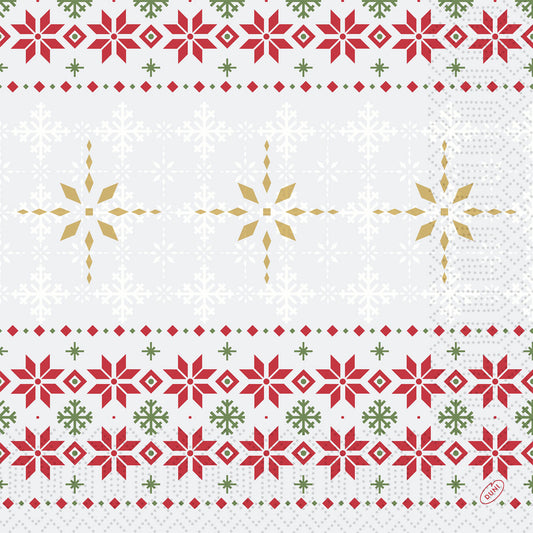 Die Servietten 40x40 3lagig 1/4 Tradition von Duni GmbH zeigen festliche rote, grüne und goldene Schneeflocken- und Sternmuster in Reihen auf Weiß - ideal für die Weihnachtsdekoration. Jede Packung enthält 250 Servietten.