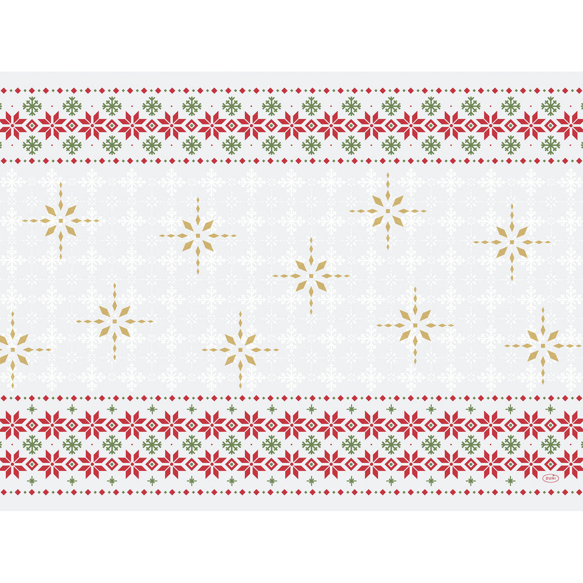 Die Duni GmbH Papier-Tischsets 30x40cm Tradition (Packung 250 Stück) zeigen waagerechte Reihen roter und grüner Blumenmotive und goldener Sternformen auf Weiß - ideal für festlichen Tischschutz oder stilvolle Festtagstafeln.