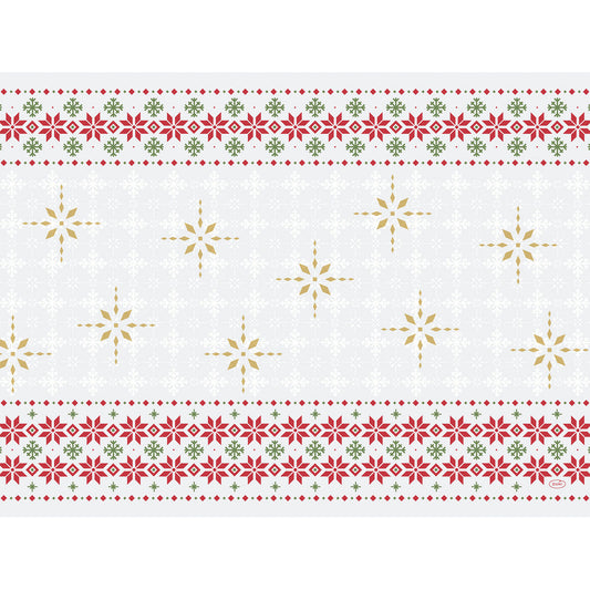 Die Duni GmbH Papier-Tischsets 30x40cm Tradition (Packung 250 Stück) zeigen waagerechte Reihen roter und grüner Blumenmotive und goldener Sternformen auf Weiß - ideal für festlichen Tischschutz oder stilvolle Festtagstafeln.