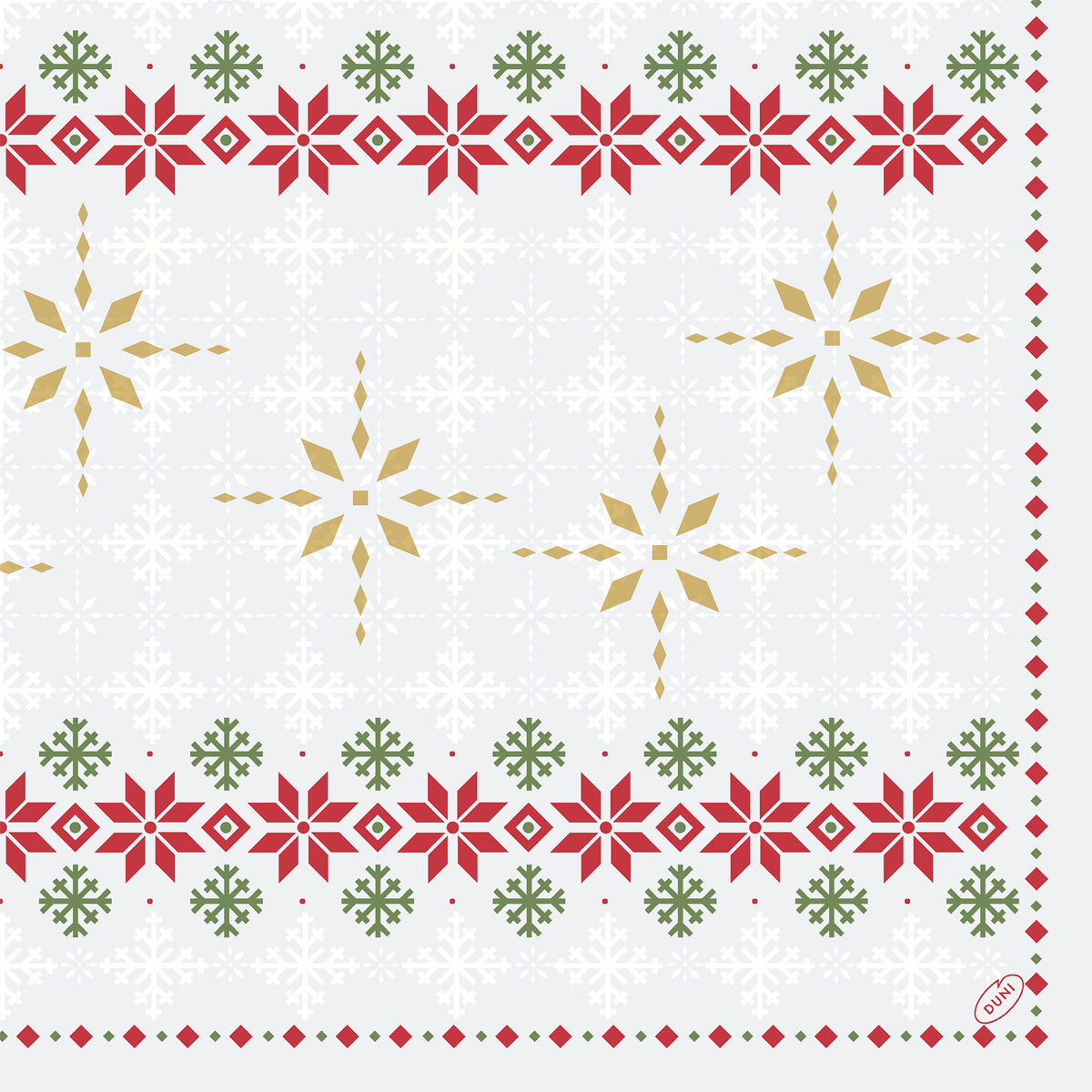 Die Servietten 40x40 4-lagig Klassik Tradition von Duni GmbH haben rote und grüne geometrische Blumenbordüren, goldene Schneeflocken in der Mitte und einen Hintergrund aus weißen Schneeflocken. Packung (50 Stück).