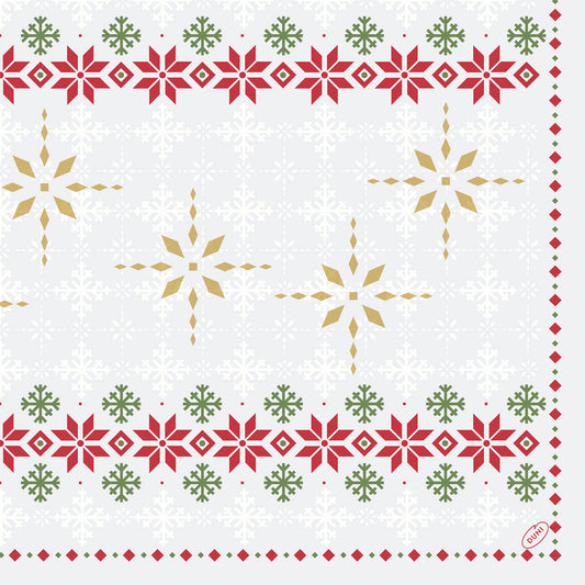 Die Servietten 40x40 4-lagig Klassik Tradition von Duni GmbH haben rote und grüne geometrische Blumenbordüren, goldene Schneeflocken in der Mitte und einen Hintergrund aus weißen Schneeflocken. Packung (50 Stück).