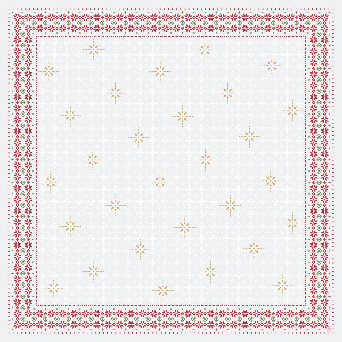 The Dunicel tablecloth 84x84cm Tradition by Duni GmbH has a white background with repeating golden stars and borders of red-green floral and geometric patterns, making it ideal as a festive table decoration. Packed in 1 box.